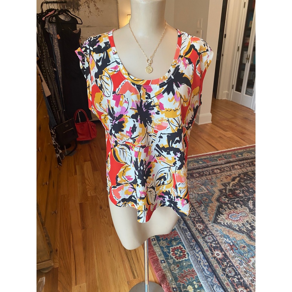 J.Crew Women Red Floral Abstract Scoop Neck Cap Sleeve Blouse Size 8
